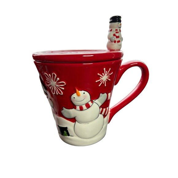 2 St. Nicholas Square Tree Lot Coffee Mug Cups Snowman Christmas 3D With Lids - Picture 3 of 9